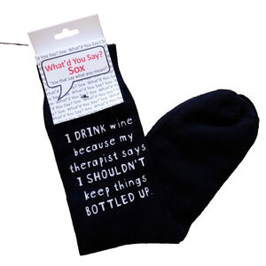 Foozys Graphic Funny Black Socks Wine Is My Therapy Sarcasm Unisex One Size